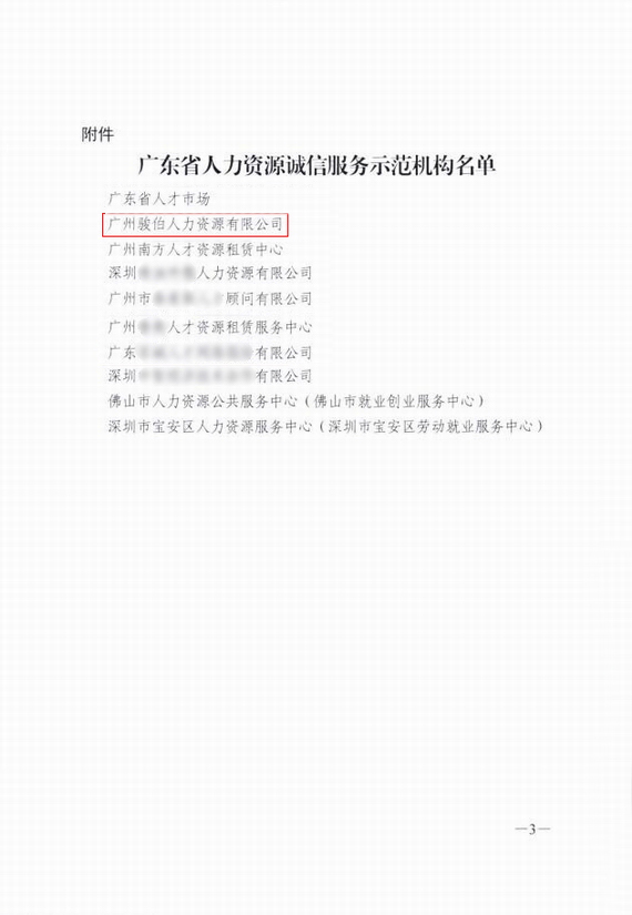 关于确定广东省人力资源诚信服务示范机构的通报