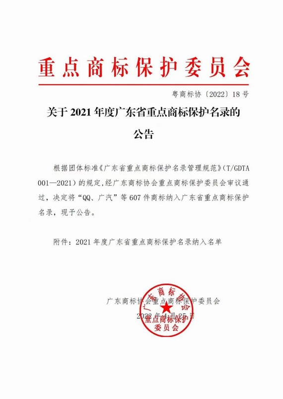 关于2021年度广东省重点商标保护名录的公告