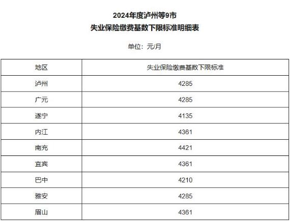 泸州等9市失业保险缴费基数下限标准明细表